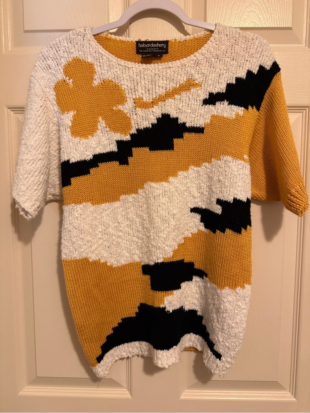 Vintage Haberdashery Textured Knit Short-Sleeve Sweater in Mustard/White/Black